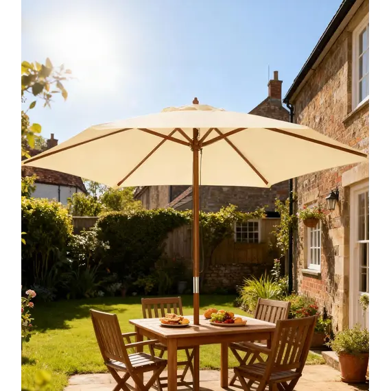 Buy Outsunny 2.5m Wood Garden Parasol Sun Shade Patio Outdoor Wooden Umbrella Canopy, Table Market Umbrella with Vent, 38mm Pole, Rope Pulley Mechanism, Cream White, 8 image