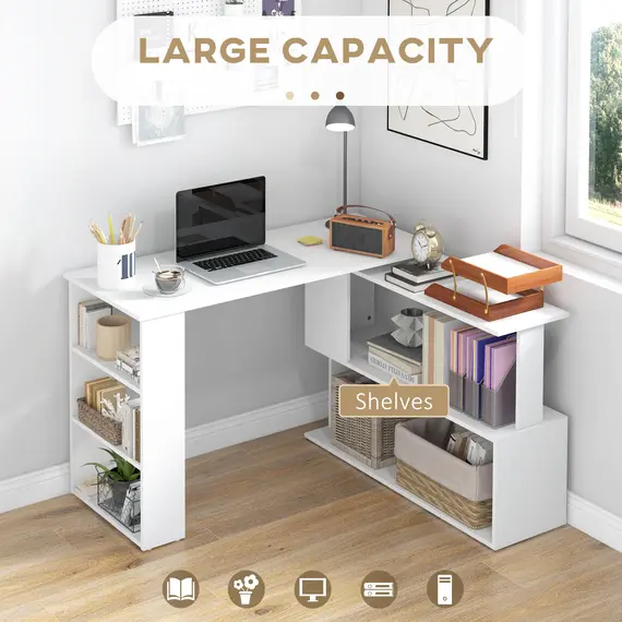 Buy HOMCOM Corner Computer Desk, L Shaped Desk with 360° Rotating Bookshelf, 120L x 110W x 74.5H cm, White, 4 image