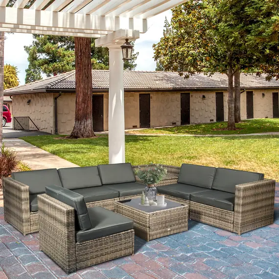 Buy Outsunny 8 Pieces Outdoor PE Rattan Sofa Set with Cushions, Patio Garden Furniture Sets with Glass Top Coffee Table, Storage Corner Table, Mixed Brown, 2 image