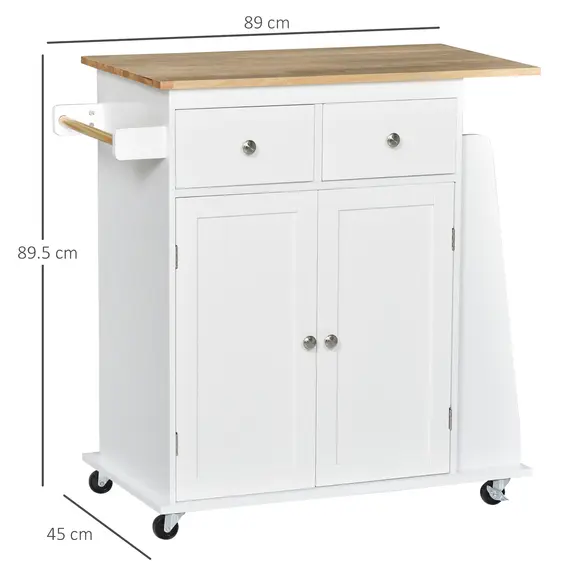 Buy HOMCOM Kitchen Island on Wheels, Mobile Storage Trolley, Rolling Kitchen Cart with Rubber Wood Top, 2-Door Cabinets, 2 Drawers, Adjustable Shelf, 3-Tier Spice Rack, Drawers, 3 image