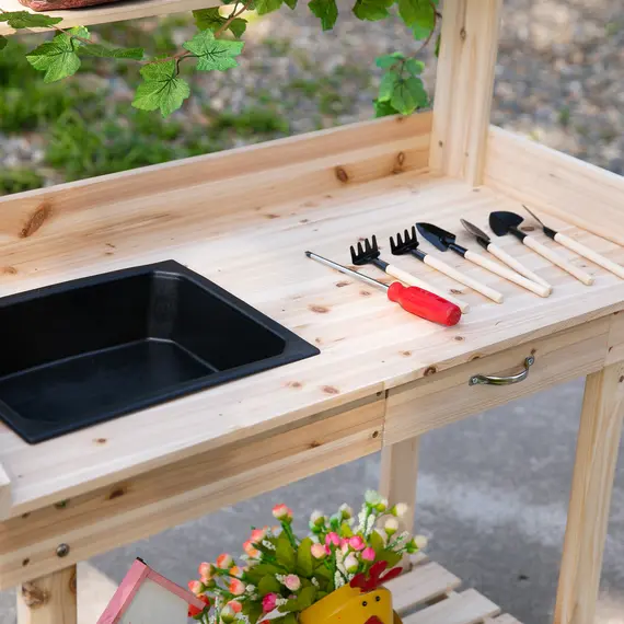 Buy Outsunny Garden Potting Bench Table, Wooden Work Station, Outdoor Planting Workbench with 2 Wheels, Sink, Drawer & Large Storage Spaces, 92x45x119cm, 7 image
