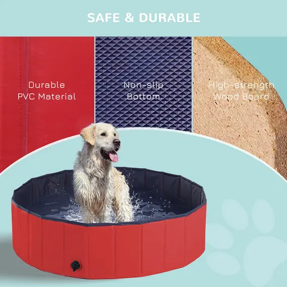 Buy PawHut Dog Paddling Pool, Foldable Dog Pool, Leakproof & Hard Plastic, Portable Pet Bathtub with Non-Slip Base & Drainage Hole, for Indoors, Outdoors, Garden, Patio, 120 x 30 cm, Red, 7 image
