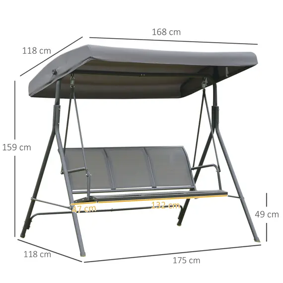 Buy Outsunny 3 Seater Swing Chair, Garden Swing Bench with Canopy, Breathable Mesh Seat and Heavy Duty Steel Frame for Patio, Yard, Grey, 3 image
