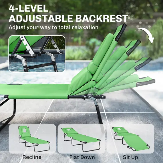 Buy Outsunny Folding Sun Lounger with Face Hole, 4-Position Adjustable Backrest Garden Recliner Chair Sunbed, Outdoor Lounge Chair with 600 D Oxford Cloth Seat, Pillow for Beach, Green, 5 image