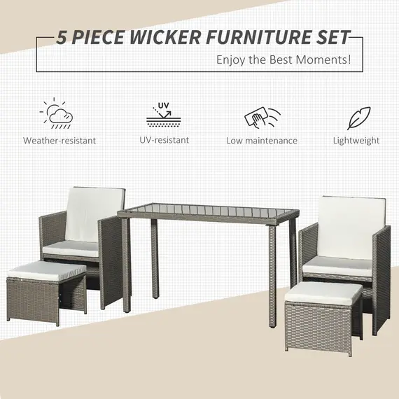 Buy Outsunny 2 Seater Rattan Cube Garden Furniture Set, Rattan Dining Set with Cushions, Outdoor Dining Table and Chairs with 2 Armchairs, 2 Stools, Rectangular Glass Top Table for Patio, Balcony, Grey, 4 image