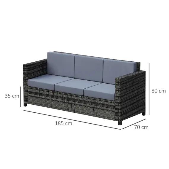 Buy Outsunny 3 Seater All Weather Outdoor Sofa, Garden Rattan Sofa with Cushions and Mental Frame, Grey, 2 image