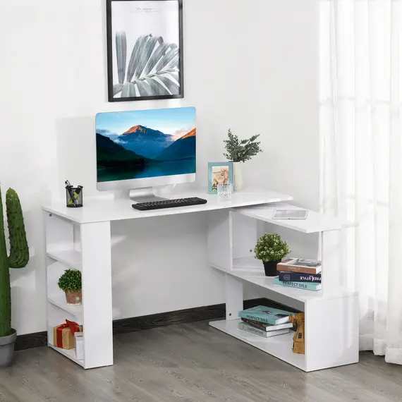 Buy HOMCOM Corner Computer Desk, L Shaped Desk with 360° Rotating Bookshelf, 120L x 110W x 74.5H cm, White, 9 image