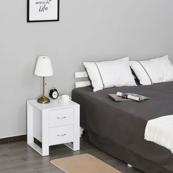 Buy HOMCOM Bedside Table with 2 Drawers, Nightstand with Handles and Elevated Base, Side Table for Bedroom, Living Room, White, 6 image