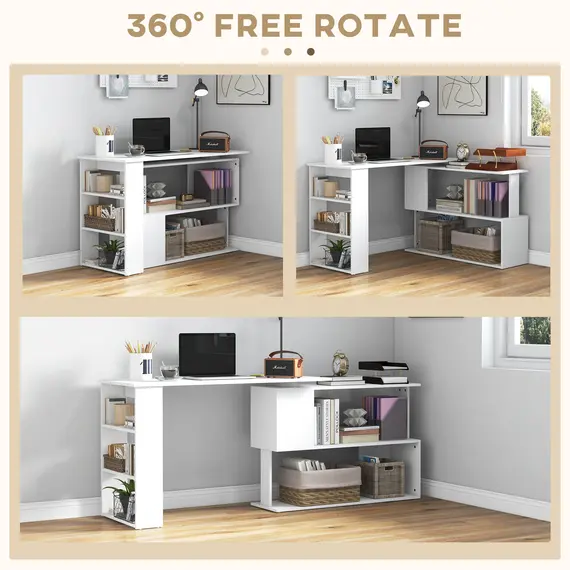 Buy HOMCOM Corner Computer Desk, L Shaped Desk with 360° Rotating Bookshelf, 120L x 110W x 74.5H cm, White, 5 image