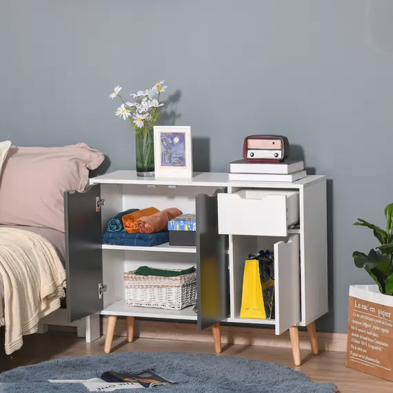 Buy HOMCOM Sideboard Floor Standing Storage Cabinet with Drawer and Solid Wood Legs for Bedroom, Living Room, Home Office, Grey, 9 image