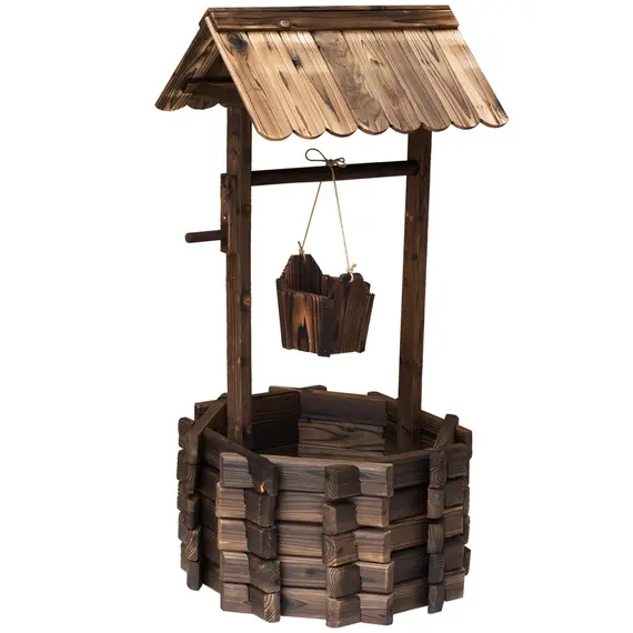 Buy Outsunny Wooden Wishing Well Planter Outdoor Flower Pot Backyard Garden Decor w/ Bucket