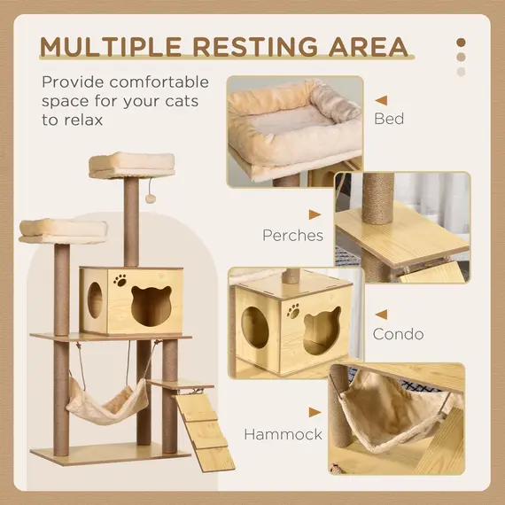 Buy PawHut 130cm Cat Tree for Indoor Cats, Multi-Level Plush Cat Tower, with Five Scratching Posts, Two Perches, Cat House, Hammock, 4 image
