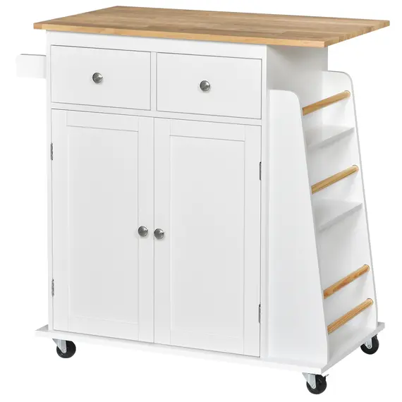Buy HOMCOM Kitchen Island on Wheels, Mobile Storage Trolley, Rolling Kitchen Cart with Rubber Wood Top, 2-Door Cabinets, 2 Drawers, Adjustable Shelf, 3-Tier Spice Rack, Drawers