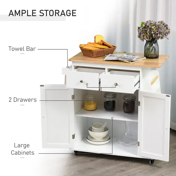 Buy HOMCOM Kitchen Island on Wheels, Mobile Storage Trolley, Rolling Kitchen Cart with Rubber Wood Top, 2-Door Cabinets, 2 Drawers, Adjustable Shelf, 3-Tier Spice Rack, Drawers, 5 image