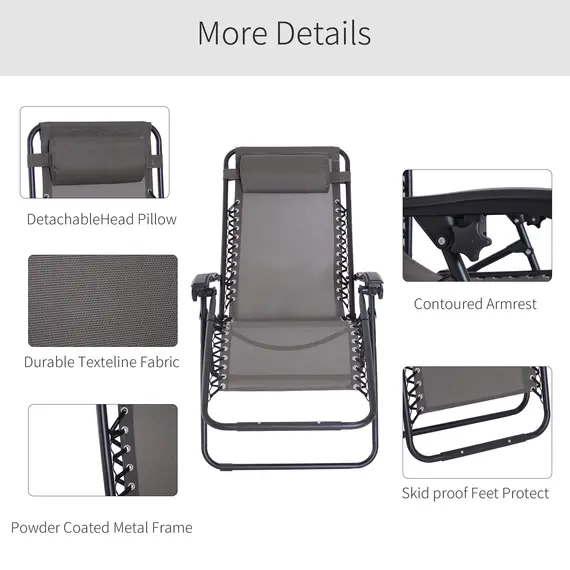 Buy Outsunny Zero Gravity Chair Metal Frame Texteline Armchair Outdoor Folding and Reclining Sun Lounger with Head Pillow for Patio Decking Gardens Camping, Grey, 5 image