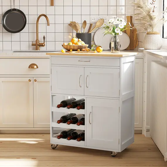 Buy HOMCOM Modern Kitchen Trolley, Rolling Island Storage Cart with Drawer, 9-bottle Wine Rack, Door Cabinets, Wooden Countertop, White, 2 image