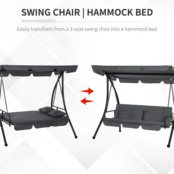Buy Outsunny Outdoor 2-in-1 Swing Chair Lounger 3 Seater Garden Swing Seat Bed Convertible Tilt Canopy W/ Cushion, Dark Grey, 6 image