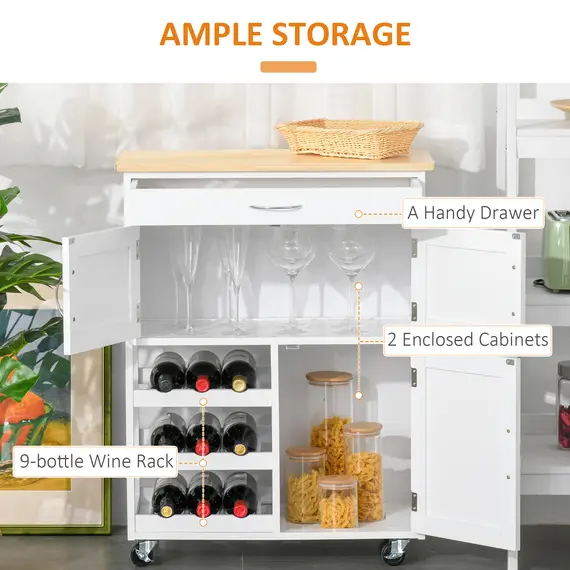Buy HOMCOM Modern Kitchen Trolley, Rolling Island Storage Cart with Drawer, 9-bottle Wine Rack, Door Cabinets, Wooden Countertop, White, 4 image