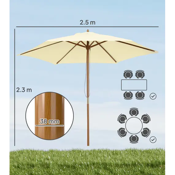 Buy Outsunny 2.5m Wood Garden Parasol Sun Shade Patio Outdoor Wooden Umbrella Canopy, Table Market Umbrella with Vent, 38mm Pole, Rope Pulley Mechanism, Cream White, 3 image