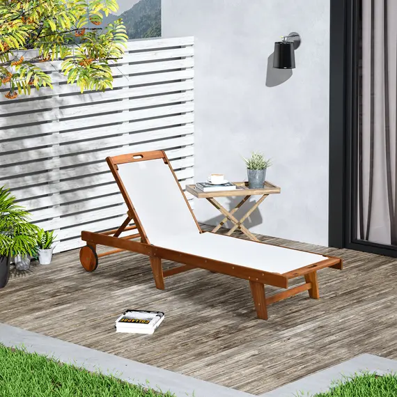 Buy Outsunny Outdoor Acacia Wood Texteline Beach Sun Lounger Garden Patio Sunbed Recliner Chaise Adjustable Backrest with Wheels, 2 image