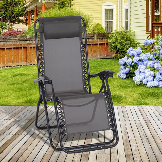 Buy Outsunny Zero Gravity Chair Metal Frame Texteline Armchair Outdoor Folding and Reclining Sun Lounger with Head Pillow for Patio Decking Gardens Camping, Grey, 2 image