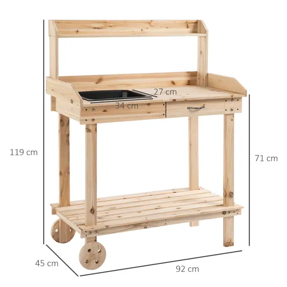 Buy Outsunny Garden Potting Bench Table, Wooden Work Station, Outdoor Planting Workbench with 2 Wheels, Sink, Drawer & Large Storage Spaces, 92x45x119cm, 3 image