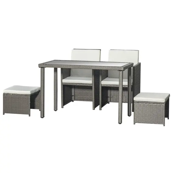 Buy Outsunny 2 Seater Rattan Cube Garden Furniture Set, Rattan Dining Set with Cushions, Outdoor Dining Table and Chairs with 2 Armchairs, 2 Stools, Rectangular Glass Top Table for Patio, Balcony, Grey
