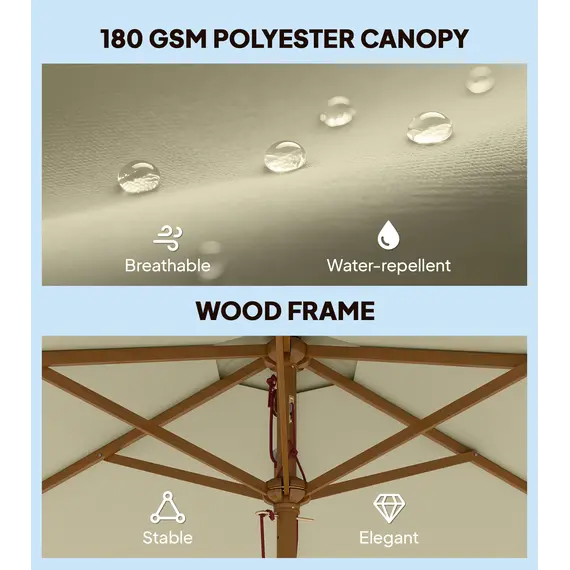 Buy Outsunny 2.5m Wood Garden Parasol Sun Shade Patio Outdoor Wooden Umbrella Canopy, Table Market Umbrella with Vent, 38mm Pole, Rope Pulley Mechanism, Cream White, 5 image