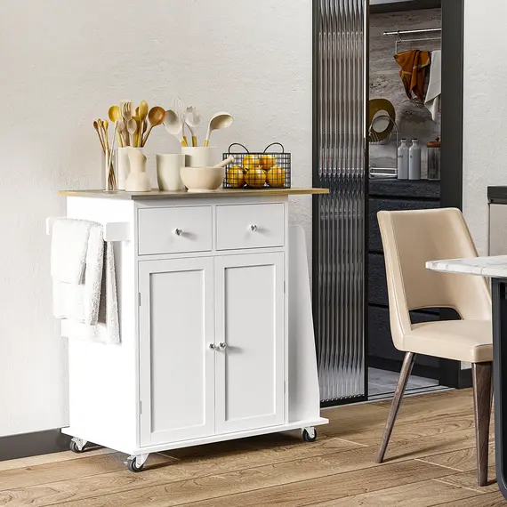 Buy HOMCOM Kitchen Island on Wheels, Mobile Storage Trolley, Rolling Kitchen Cart with Rubber Wood Top, 2-Door Cabinets, 2 Drawers, Adjustable Shelf, 3-Tier Spice Rack, Drawers, 2 image