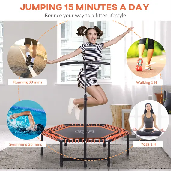 Buy HOMCOM Mini Trampoline W/Adjustable Handle Bar - Black/Orange, 8 image