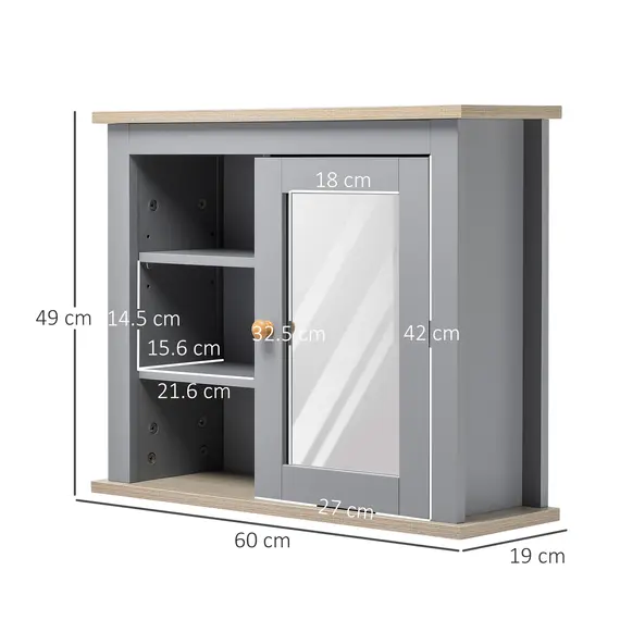 Buy kleankin Bathroom Wall Mirror Cabinet, Cupboard with Door, Storage Cabinet with Adjustable Shelf for Corridors Living Rooms, Grey, 3 image