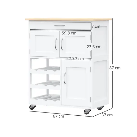 Buy HOMCOM Modern Kitchen Trolley, Rolling Island Storage Cart with Drawer, 9-bottle Wine Rack, Door Cabinets, Wooden Countertop, White, 3 image