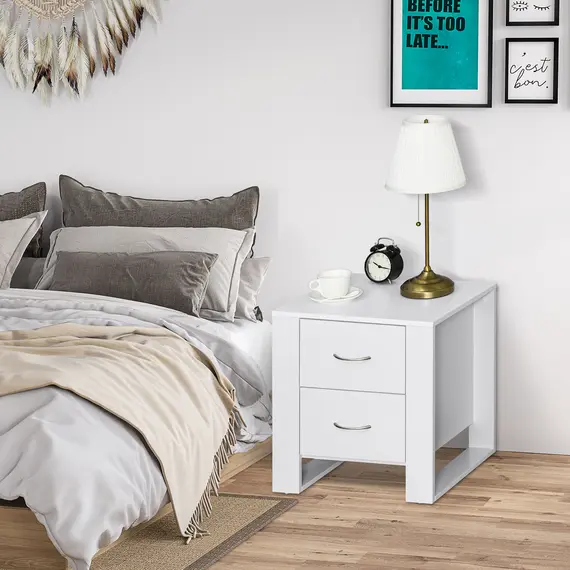 Buy HOMCOM Bedside Table with 2 Drawers, Nightstand with Handles and Elevated Base, Side Table for Bedroom, Living Room, White, 2 image
