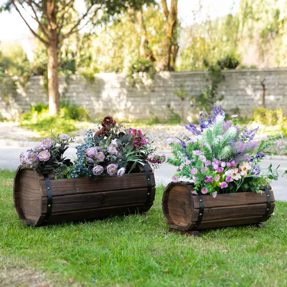 Buy Outsunny 2PCs 56L Wooden Planter Box Flower Plant Pot Outdoor Flower Beds Plant Box with Solid Wood Carbonized Colour, 6 image