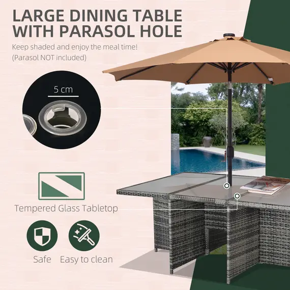Buy Outsunny 10 Seater Rattan Cube Garden Furniture Set with Parasol Hole, Rattan Dining Set with Cushions, Outdoor Dining Table and Chairs with Rectangular Glass Top Table for Patio, Mixed Grey, 5 image