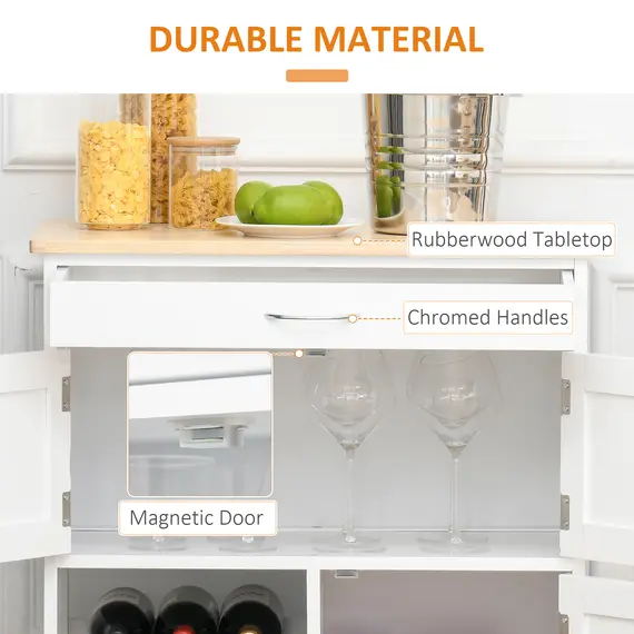 Buy HOMCOM Modern Kitchen Trolley, Rolling Island Storage Cart with Drawer, 9-bottle Wine Rack, Door Cabinets, Wooden Countertop, White, 6 image