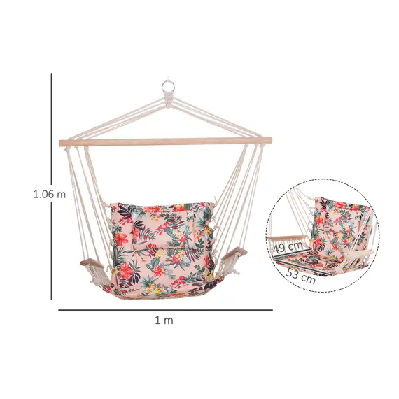 Buy Outsunny Garden Outdoor Hanging Hammock Chair Thick Rope Frame Wooden Arms Safe Wide Seat Garden Outdoor Spot Stylish Multicoloured floral, 3 image
