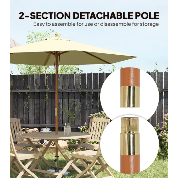 Buy Outsunny 2.5m Wood Garden Parasol Sun Shade Patio Outdoor Wooden Umbrella Canopy, Table Market Umbrella with Vent, 38mm Pole, Rope Pulley Mechanism, Cream White, 6 image