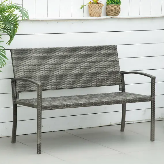 Buy Outsunny 2 Seater Poly Rattan Garden Bench, All Weather Wicker Garden Loveseat, Outdoor Seating Bench with 240 Load Capacity, Backrest and Armrests for Patio, Terrace, Balcony, Grey, 2 image