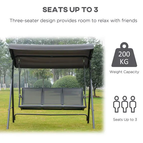 Buy Outsunny 3 Seater Swing Chair, Garden Swing Bench with Canopy, Breathable Mesh Seat and Heavy Duty Steel Frame for Patio, Yard, Grey, 6 image
