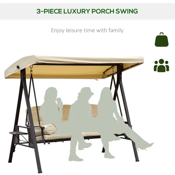 Buy Outsunny Swing Chair Hammock Chair 3 Seater Canopy Cushion Shelter Outdoor Bench Steel Beige, 7 image