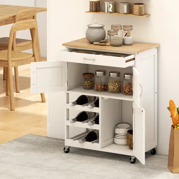 Buy HOMCOM Modern Kitchen Trolley, Rolling Island Storage Cart with Drawer, 9-bottle Wine Rack, Door Cabinets, Wooden Countertop, White, 7 image