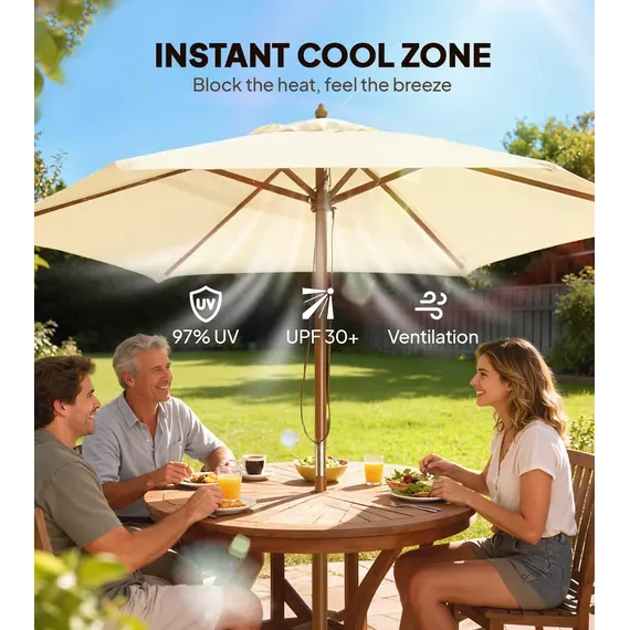 Buy Outsunny 2.5m Wood Garden Parasol Sun Shade Patio Outdoor Wooden Umbrella Canopy, Table Market Umbrella with Vent, 38mm Pole, Rope Pulley Mechanism, Cream White, 4 image