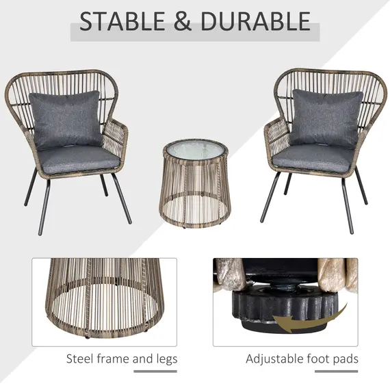 Buy Outsunny 3 Pieces Rattan Bistro Set, Wicker Garden Furniture Set with Cushions, Glass Top Coffee Table and Chairs for Outdoor, Patio, Balcony, Grey, 6 image