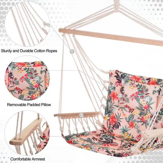 Buy Outsunny Garden Outdoor Hanging Hammock Chair Thick Rope Frame Wooden Arms Safe Wide Seat Garden Outdoor Spot Stylish Multicoloured floral, 4 image