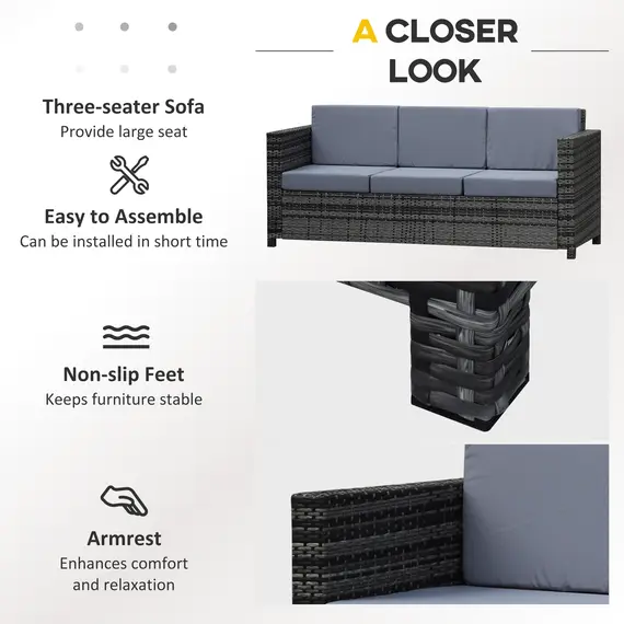 Buy Outsunny 3 Seater All Weather Outdoor Sofa, Garden Rattan Sofa with Cushions and Mental Frame, Grey, 4 image