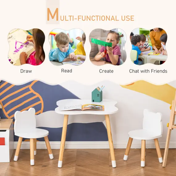 Buy 3-Piece Kids Table and Chair Set with 2 Bear-Shaped Chairs, for Ages 1-4 Years, White, 4 image