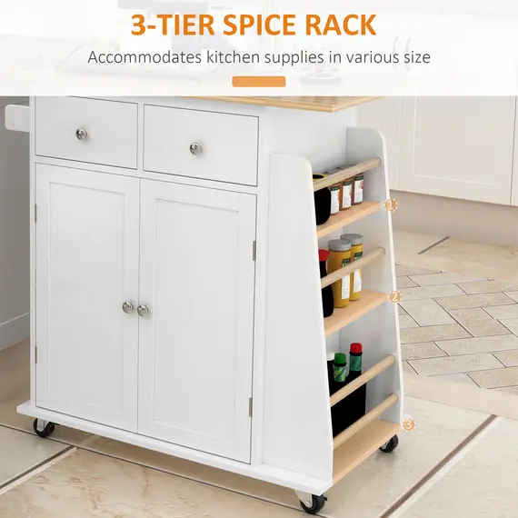 Buy HOMCOM Kitchen Island on Wheels, Mobile Storage Trolley, Rolling Kitchen Cart with Rubber Wood Top, 2-Door Cabinets, 2 Drawers, Adjustable Shelf, 3-Tier Spice Rack, Drawers, 4 image