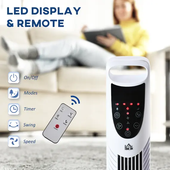 Buy HOMCOM 36" Freestanding Tower Fan, Pedestal Fan with 3 Speed 3 Mode, 7.5h Timer, 70 Degree Oscillation, LCD Panel, 5M Remote Controller, White, 4 image