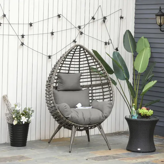Buy Outsunny Teardop PE Wicker Rattan Chair w/ Thick Cushions 4 Legs Outdoor Seat Egg Garden, 2 image